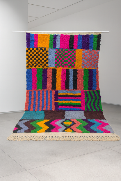 Boujaad Pile Rug — Chromatic Patchwork of Stripes, Checks & Zigzags