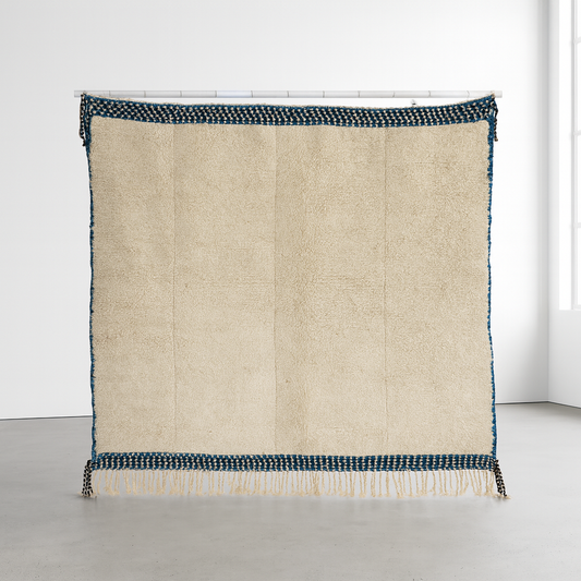 Beni Ourain Pile Rug — Ivory Field with Indigo Check Guard Bands