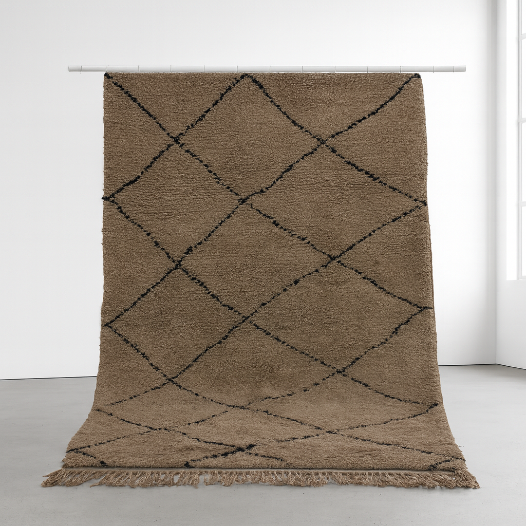 Beni Ourain Pile Rug — Cocoa Field with Charcoal Diamond Lattice