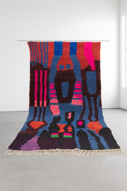 Boujaad Pile Rug — Totemic Abstract in Cobalt, Saffron & Fuchsia