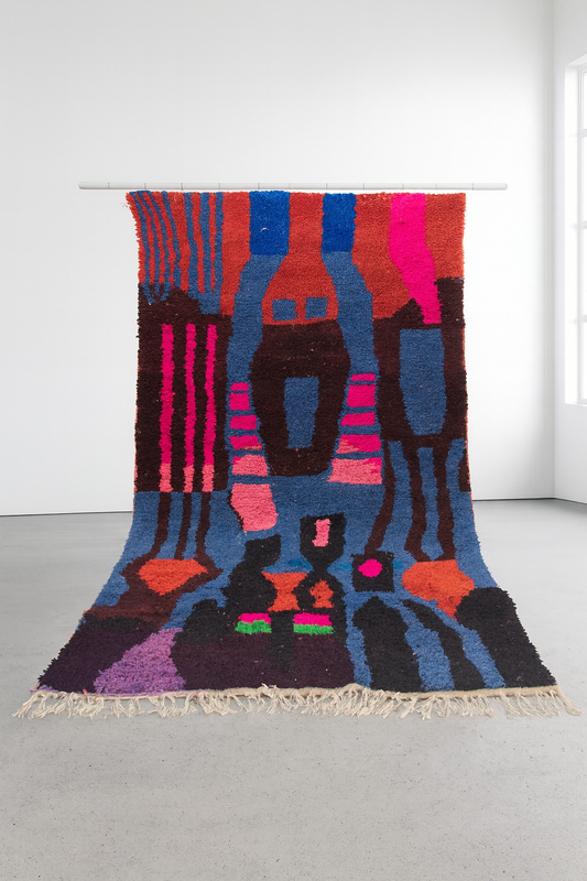 Boujaad Pile Rug — Totemic Abstract in Cobalt, Saffron & Fuchsia