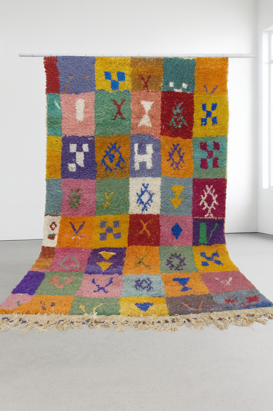 Boujaad Pile Rug — Checkerboard of Amazigh Glyphs in Sun-Washed Tones
