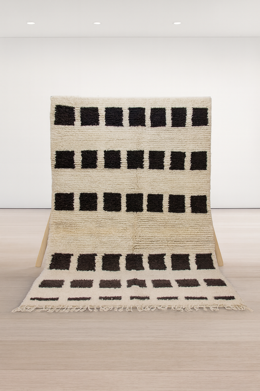 Beni Ourain Pile Rug — Ivory Field with Espresso Square Bands
