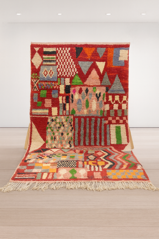 Boujaad Pile Rug — Crimson Compartment Mosaic of Stripes, Checks & Triangles