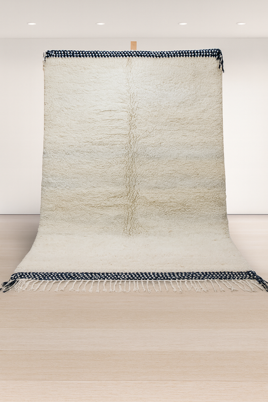 Beni Ourain Pile Rug — Ivory Abrash with Indigo Check Bands