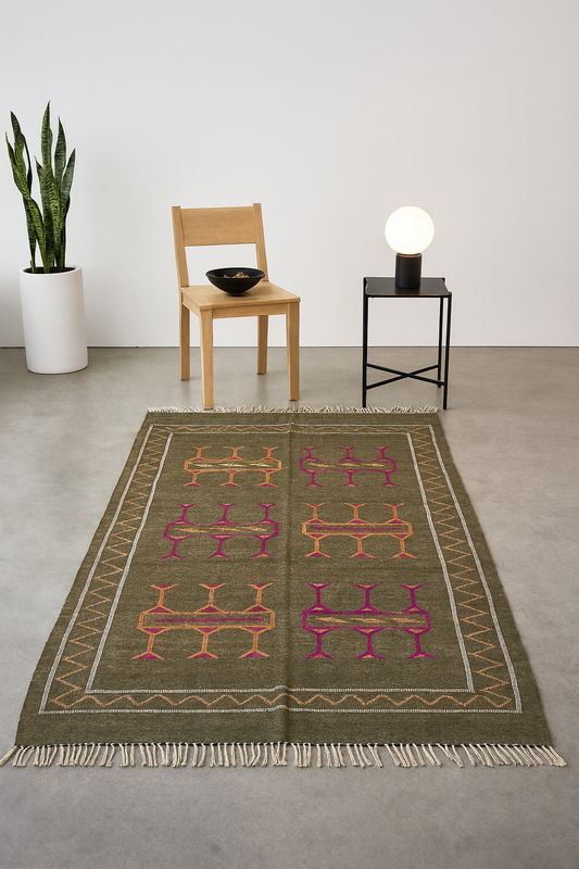 Boujaad Kilim — Olive Field with Magenta & Saffron Glyphs