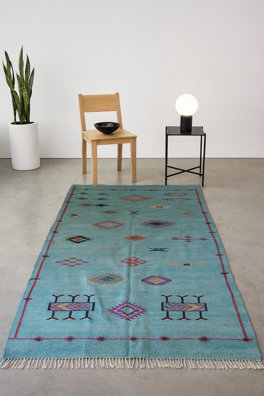 Boujaad Kilim — Sky-Blue Amazigh Symbols with Coral Border