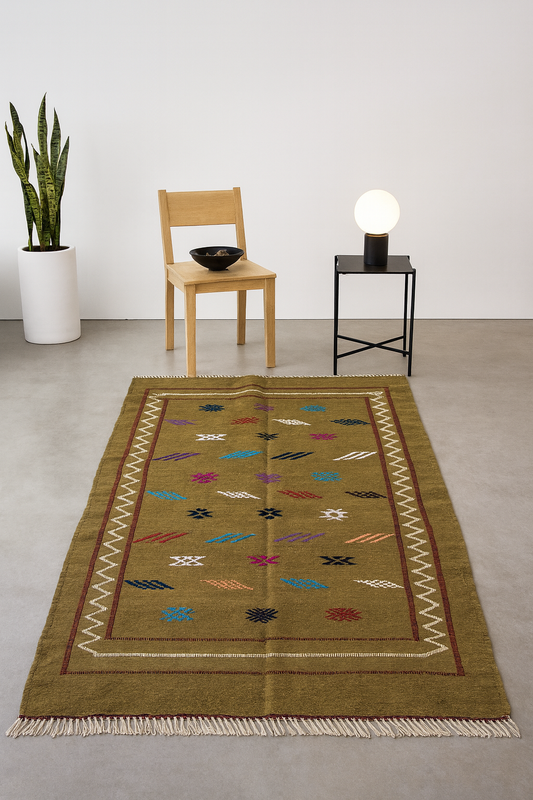 Boujaad Kilim — Olive-Field Amazigh Motifs with Brick & Ivory Borders