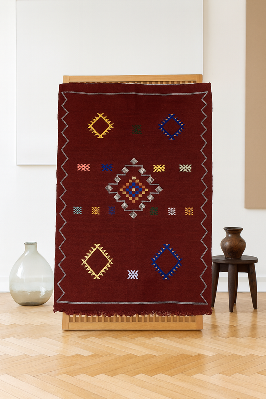 Boujaad Medallion Kilim — Oxblood Field with Serrated Guard