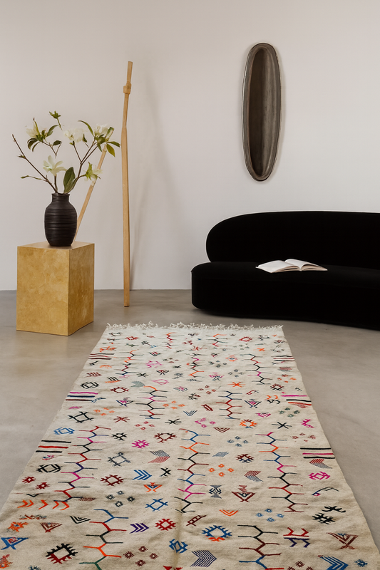 Boujaad–Zanafi Polychrome Glyph Kilim — Ivory Field
