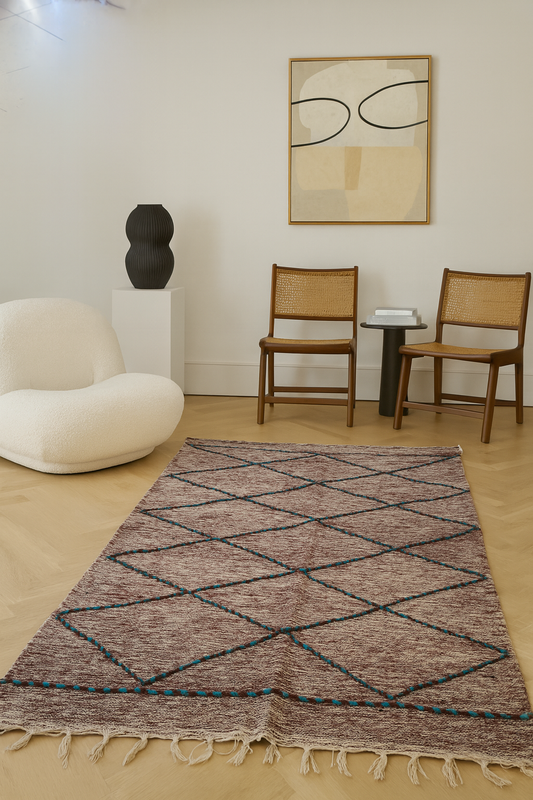 Boujaad–Zanafi Beaded Lattice Kilim — Bordeaux Marle with Teal Nodes