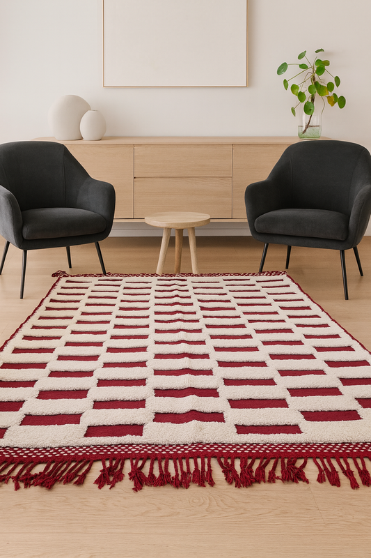 Marmoucha Relief Grid — Ivory on Crimson Wool