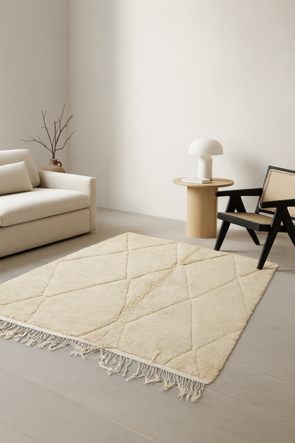 Beni Ourain Ivory Relief Diamond Field — Hand-Knotted High Atlas Wool