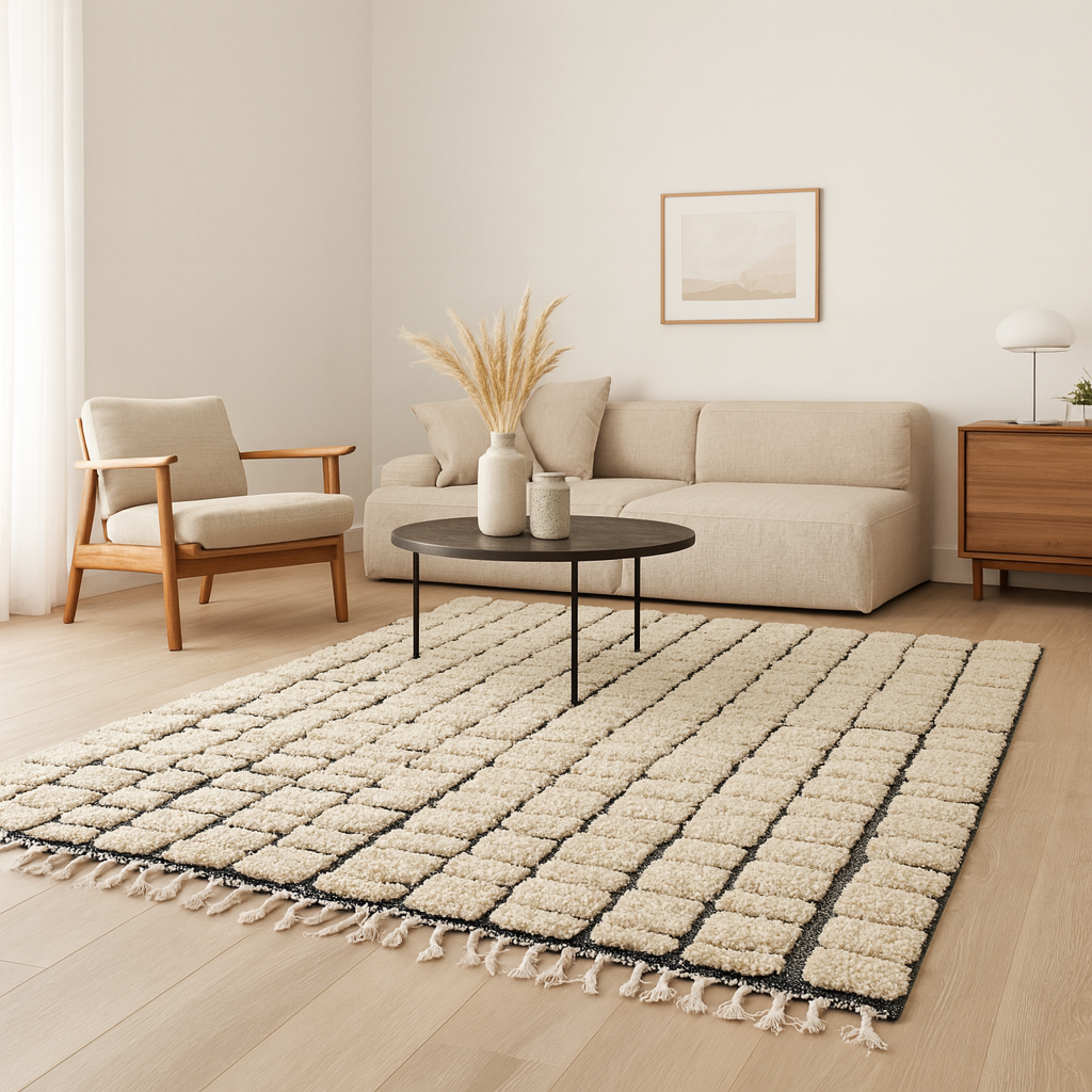Paved Black Rivers Nomadic Grids – Sculpted Beni Ourain Rug in Raised Wool Relief