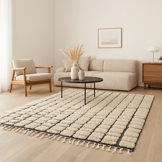 Paved Black Rivers Nomadic Grids – Sculpted Beni Ourain Rug in Raised Wool Relief