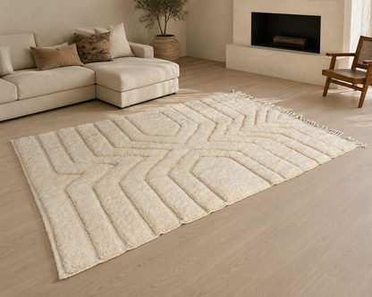 Marmoucha Relief Geometry Carpet — Ivory Labyrinth Composition