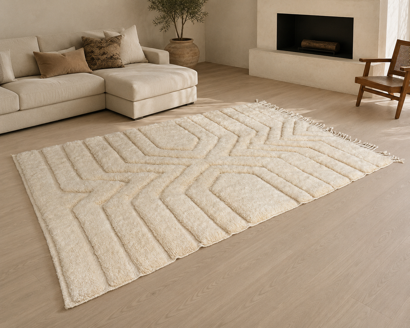 Marmoucha Relief Geometry Carpet — Ivory Labyrinth Composition