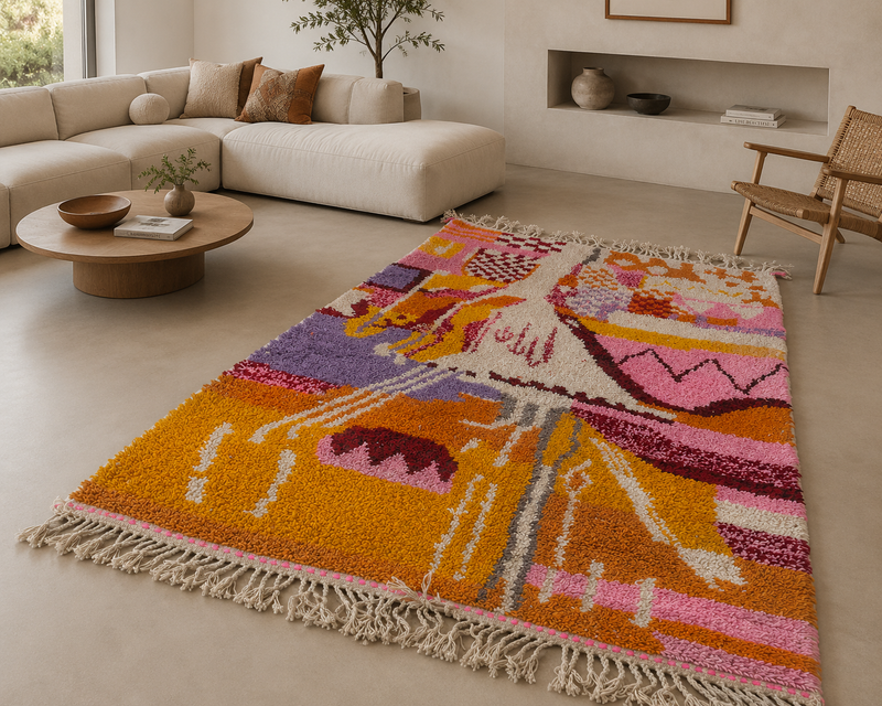 Boujaad Chromatic Landscape Rug — Ochre & Rose Narrative Field