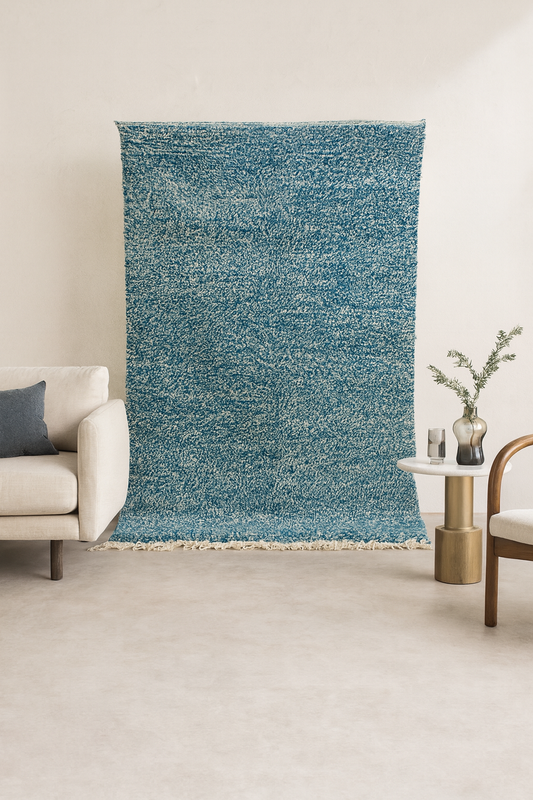 Boujaad Pile Rug — Azure Mélange Field, Minimalist Plainweave Edge