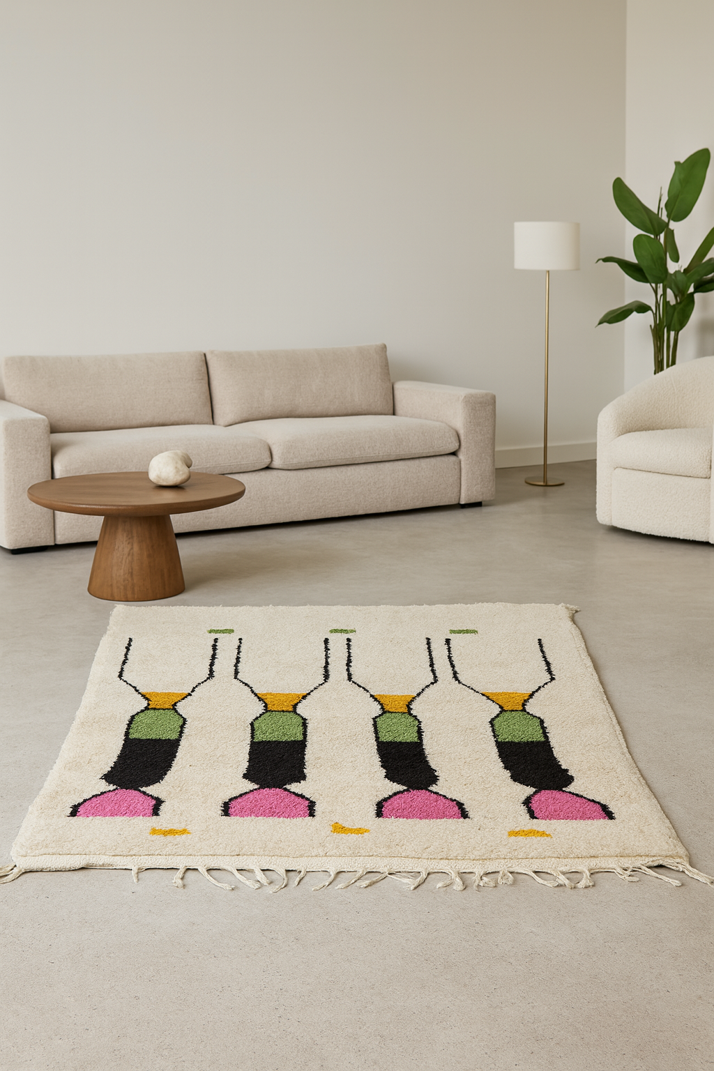 Boujaad Geometric Totems — Ivory Ground with Pink, Green & Saffron
