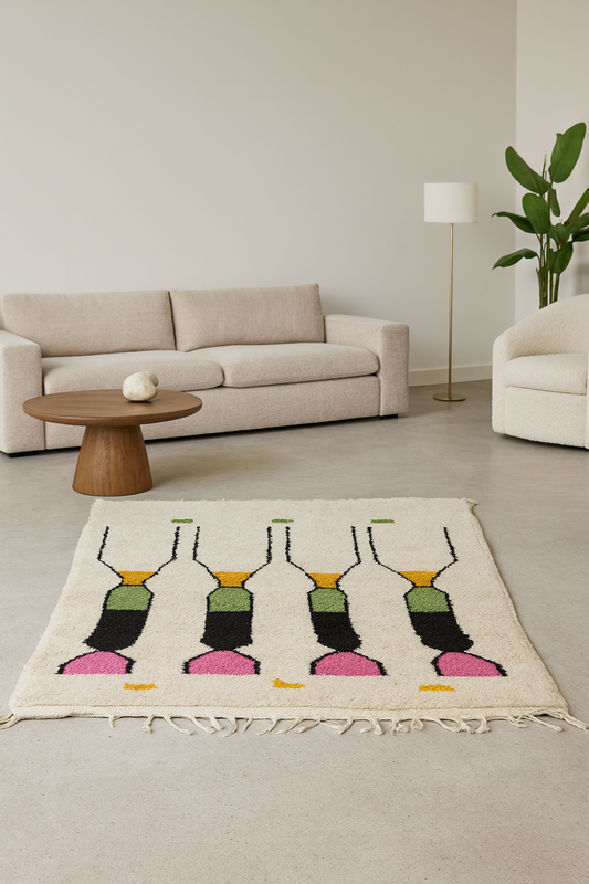 Boujaad Geometric Totems — Ivory Ground with Pink, Green & Saffron
