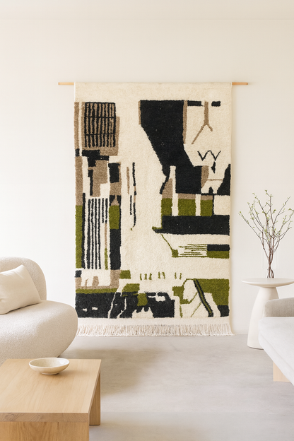 Azilal Pile Rug — Architectonic Blocks in Charcoal, Olive & Ivory