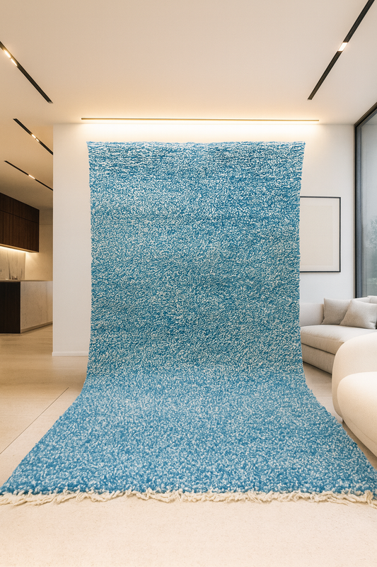 Boujaad Pile Rug — Azure Mélange Field, Minimalist Plainweave Edge
