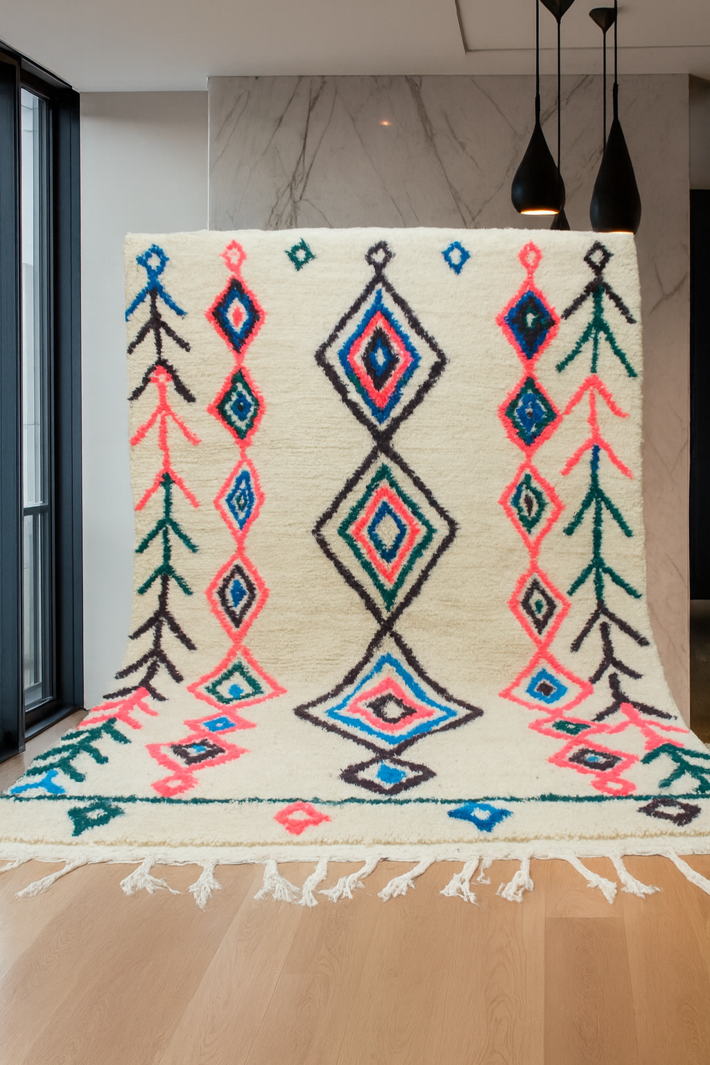 Azilal Pile Rug — Ivory Field with Lozenge Axis & Branch-Glyph Borders