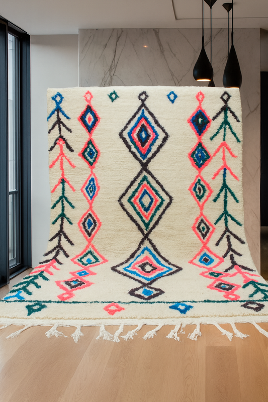 Azilal Pile Rug — Ivory Field with Lozenge Axis & Branch-Glyph Borders