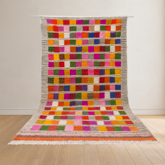 Boujaad Pile Rug — Multicolor Checker Panels on Ivory with Ribbed Guards