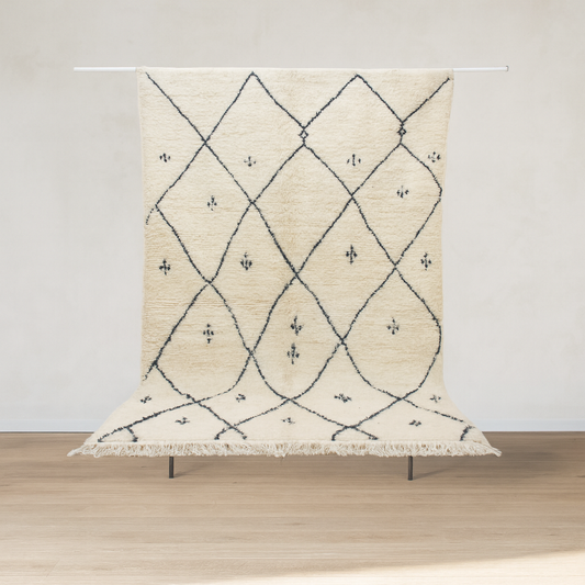 Beni Ourain Pile Rug — Ivory Field with Charcoal Lattice & Star Tufts