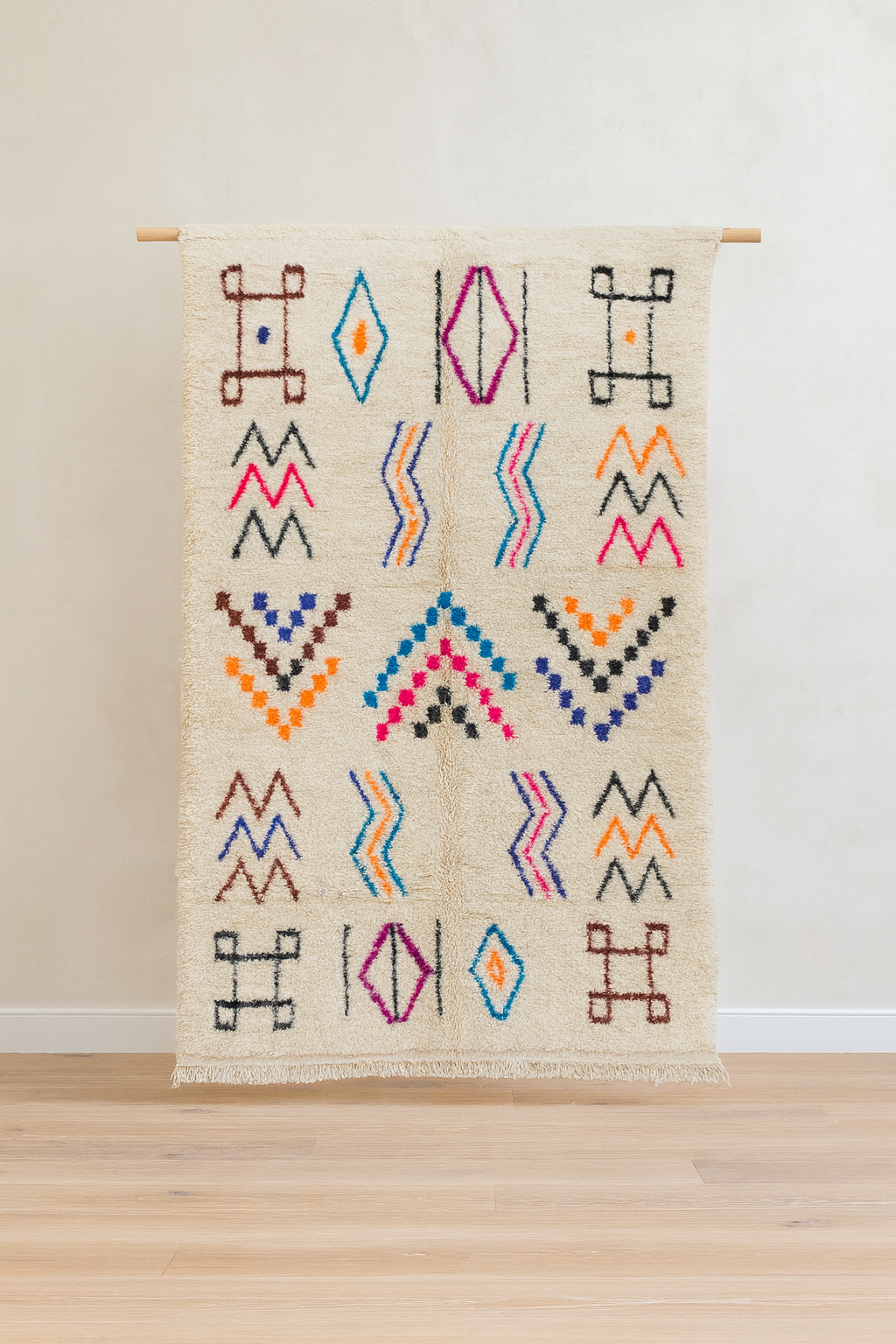 Azilal Pile Rug — Ivory Field with Glyph Suite & Beaded Chevrons