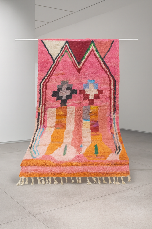 Boujaad Pile Rug — Rose Sanctuary Field with Twin Cross Rosettes
