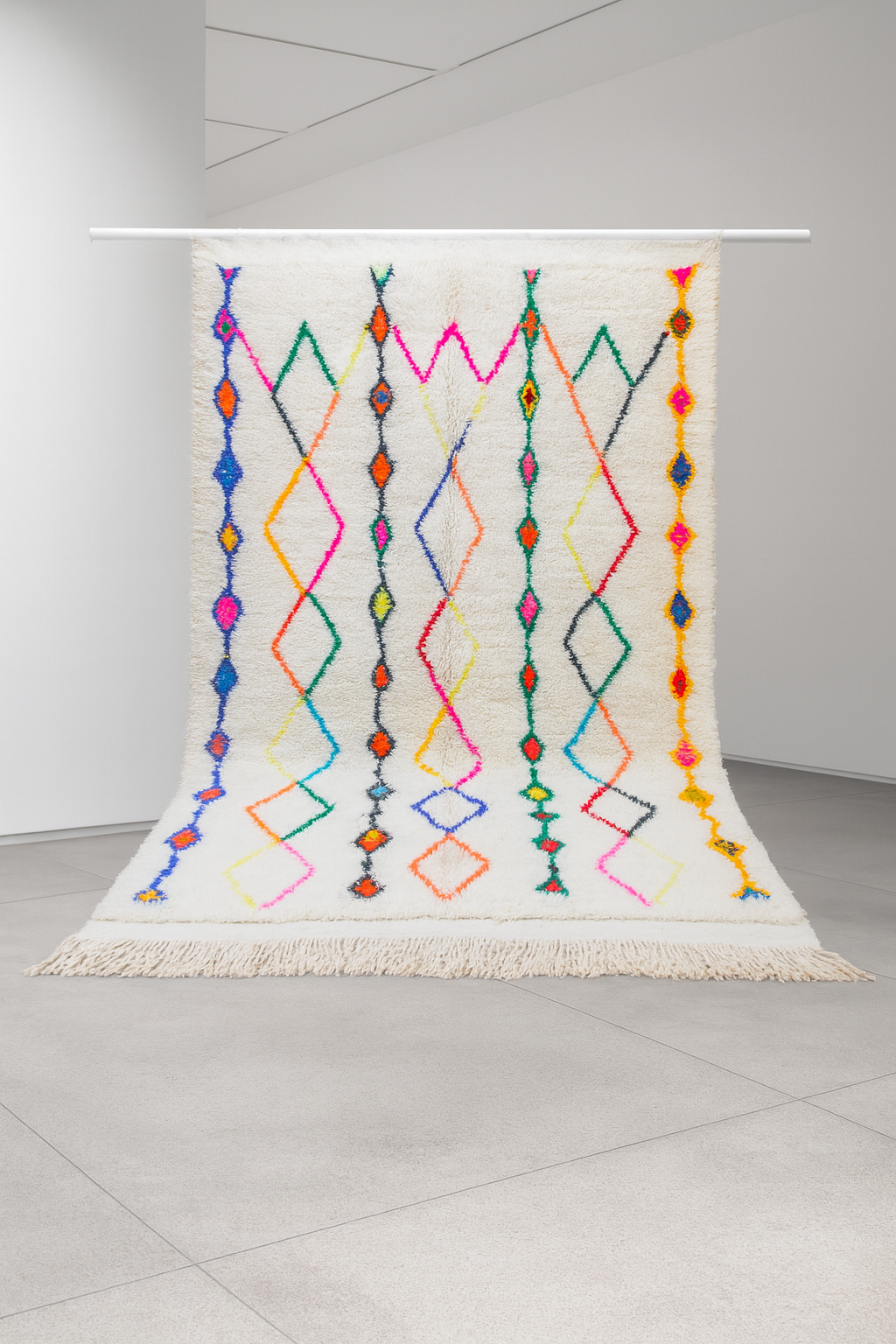 Azilal Pile Rug — Ivory Field with Rainbow Lozenge Columns