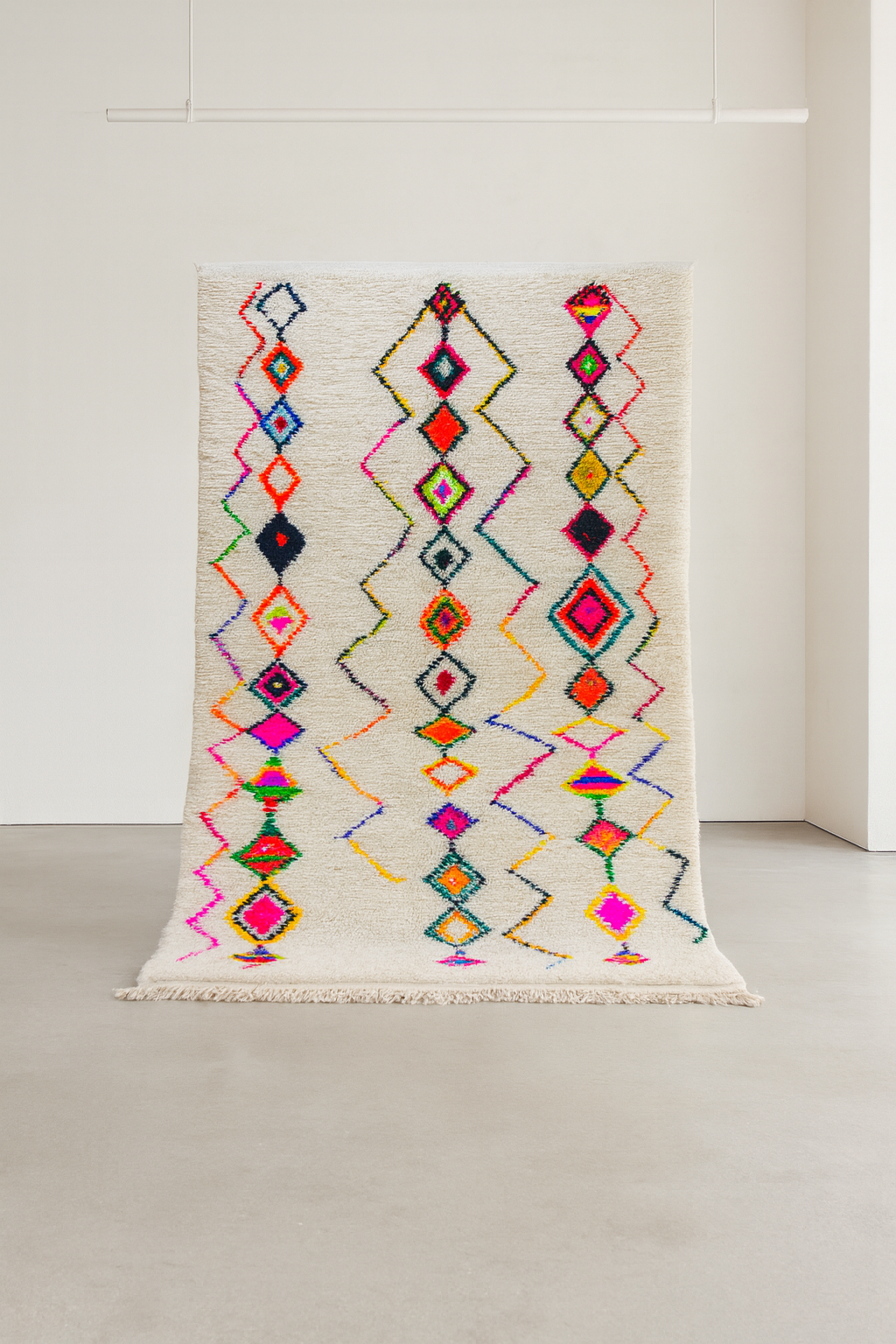 Azilal Pile Rug — Ivory Field with Neon Lozenge Columns