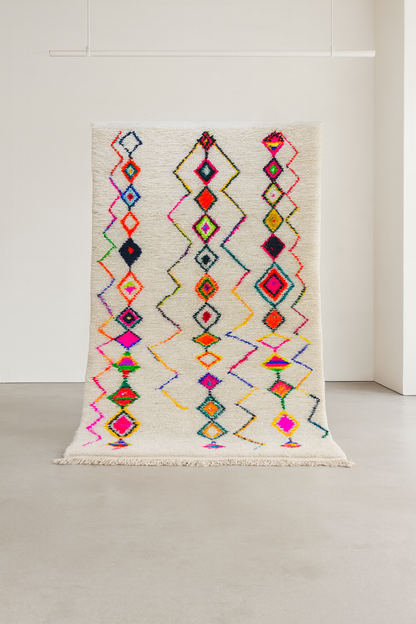 Azilal Pile Rug — Ivory Field with Neon Lozenge Columns