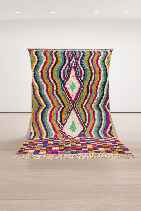 Boujaad Pile Rug — Rippling Stripes with Central Diamond & Checkerboard End