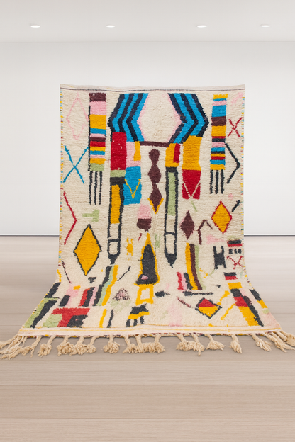 Azilal Pile Rug — Ivory Ground with Totemic Columns & Chevron Crowns