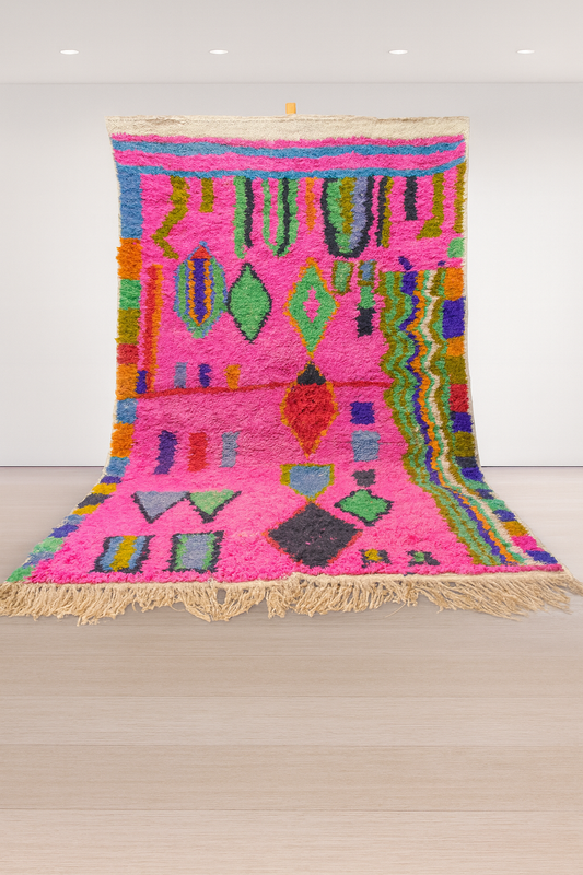 Boujaad Pile Rug — Fuchsia Field with Rainbow Side Band & Jewel Diamonds