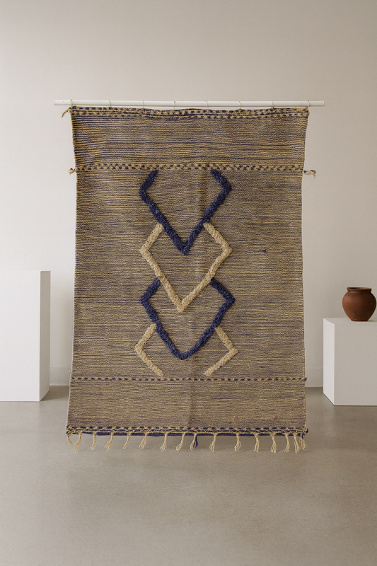 Zanafi Kilim — Heathered Indigo Stripes with Ivory/Indigo Lozenge Chain