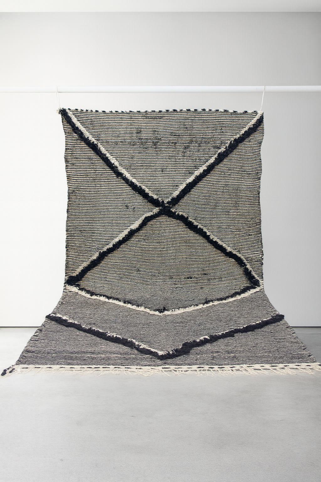 Zanafi Boujaad Kilim — Indigo Cross Panels on Ivory Stripes
