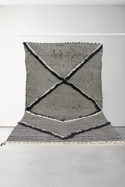 Zanafi Boujaad Kilim — Indigo Cross Panels on Ivory Stripes