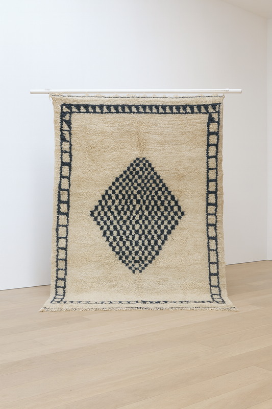 Beni Ourain Checker Pyramid — Ivory Wool with Geometric Border