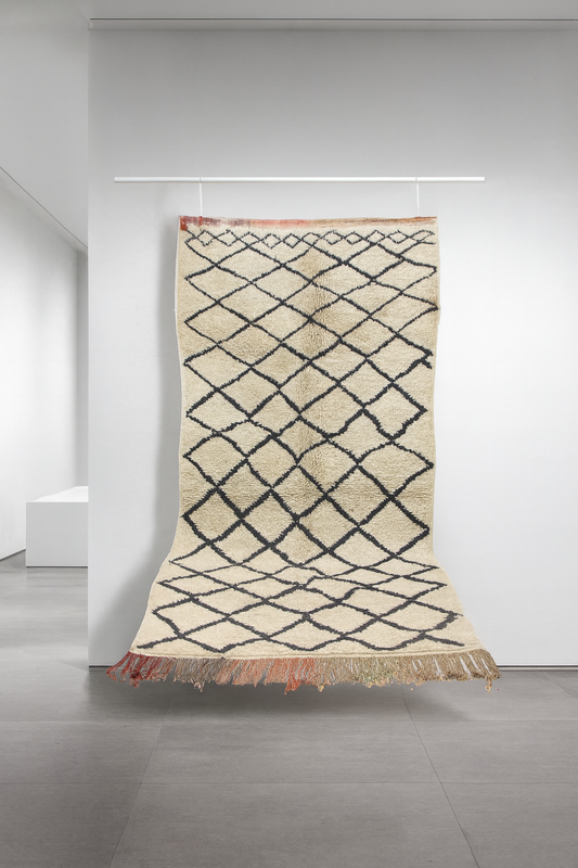 Beni Ourain Diamond Cascade — Ivory Wool Runner with Multicolor Fringe