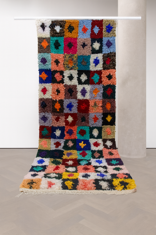 Boucherouite Jewel-Check Mosaic — Multicolor Reclaimed-Fabric Runner