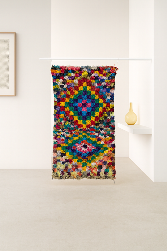 Boucherouite Sunburst Mosaic — Multicolor Reclaimed-Fabric Mat