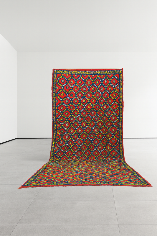Aït Zayane Rosette Trellis — Red Field with Charcoal Diamond Lattice