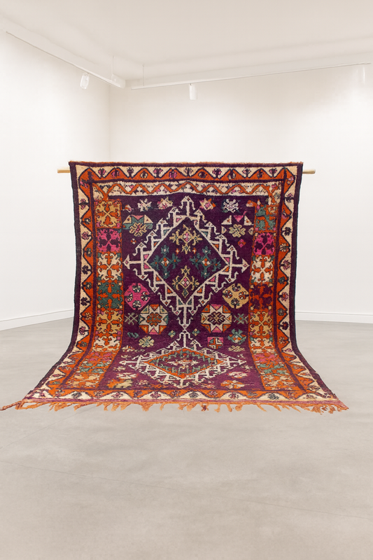 Boujaad Plum-Field with Star Medallions — Nested Lozenges & Floral Guard Borders