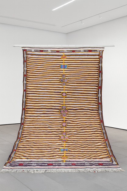 Boujaad Kilim Stripe with Talisman Spine — Ivory & Cocoa Suede Flatweave