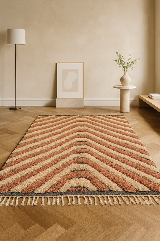 Pathways of the Loom – Marmoucha Rug in Coral and Indigo